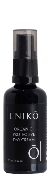ENIKŌ Organic Protective Day Cream, a natural botanical day cream in a black glass pump bottle..