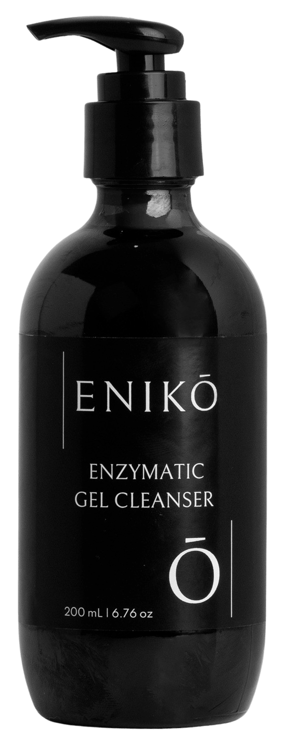 ENIKŌ Enzymatic Gel Cleanser, a gentle botanical gel cleanser in a black pump bottle.