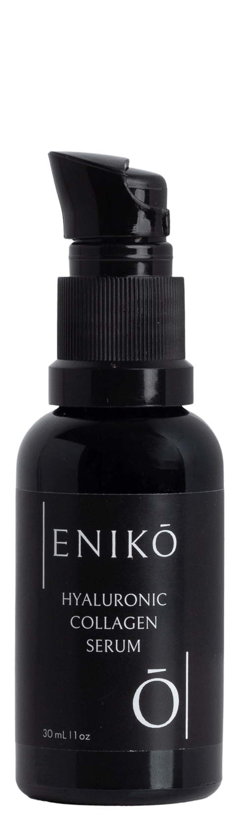ENIKŌ Hyaluronic Collagen Serum, a natural botanical serum in a black glass pump bottle.