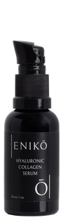 ENIKŌ Hyaluronic Collagen Serum, a natural botanical serum in a black glass pump bottle. 