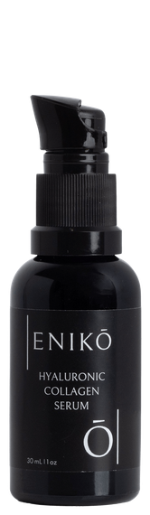 ENIKŌ Hyaluronic Collagen Serum, a natural botanical serum in a black glass pump bottle.