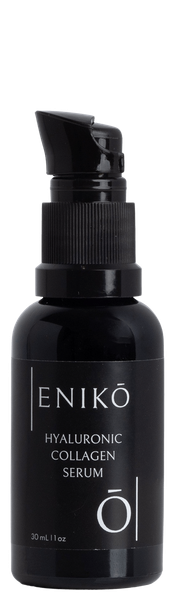 ENIKŌ Hyaluronic Collagen Serum, a natural botanical serum in a black glass pump bottle.