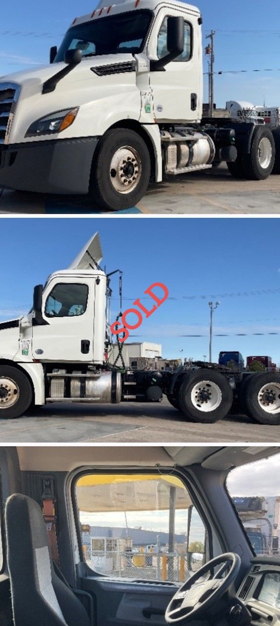 White semi-truck, multiple views: exterior and interior. 
