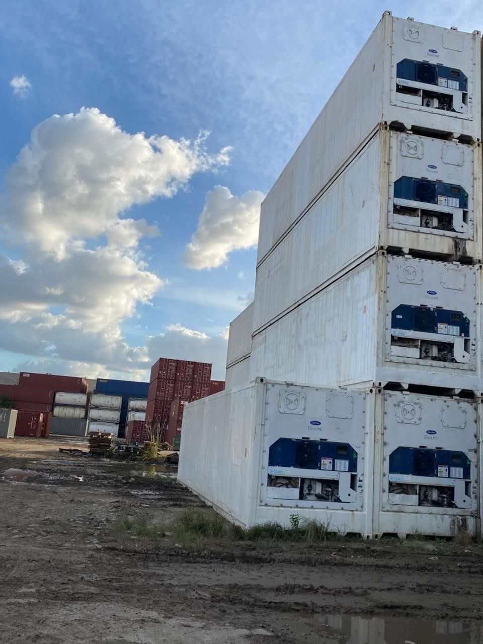 White refrigerated shipping containers stacked outside under a cloudy sky.