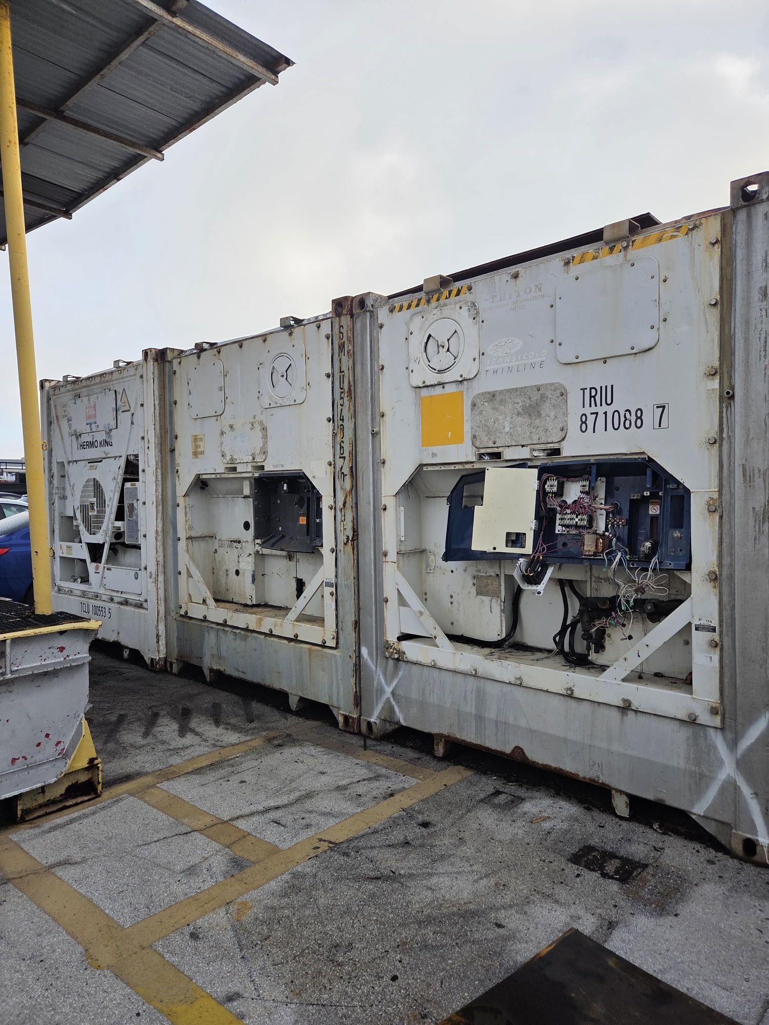 Refrigerated shipping containers parked outdoors, white, with visible cooling units.