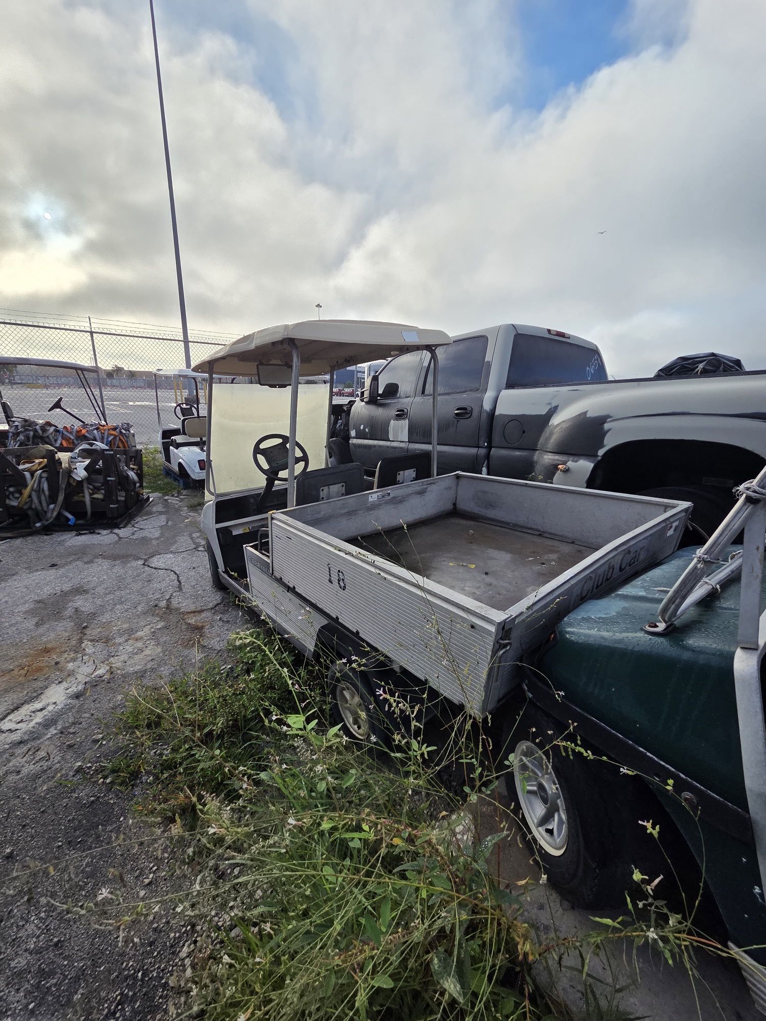 Gray utility cart with a cargo bed parked next to a green golf cart. Cloudy sky.