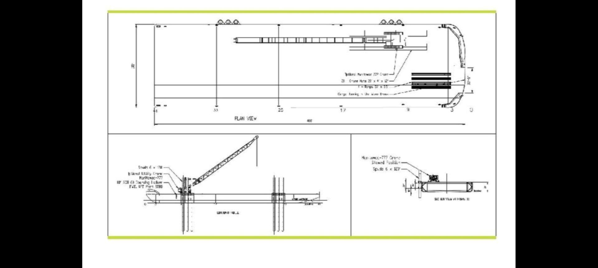 Technical drawings of a crane system, showing elevation, details of connections, and dimensions.