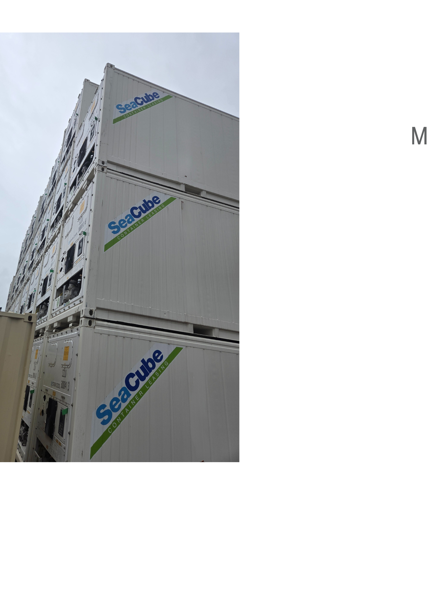 Stacked white SeaCube shipping containers.