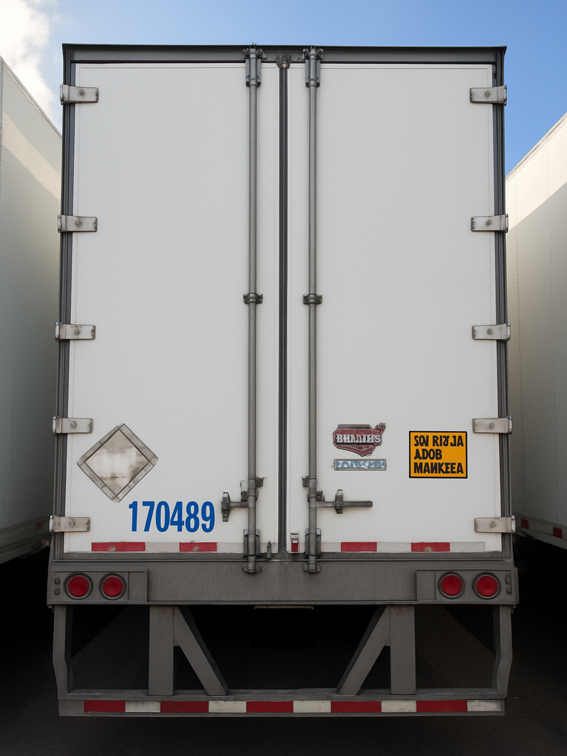 Rear view of a white semi-trailer with silver accents and safety labels, parked outdoors.