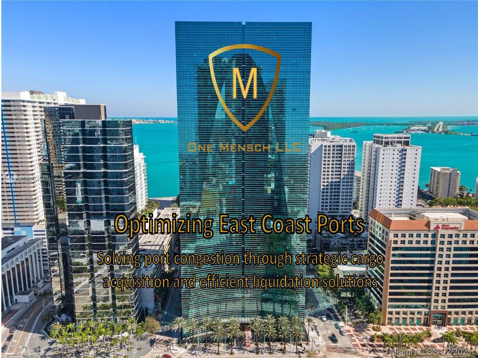 Skyscraper with a gold logo over a city and ocean. Text: 