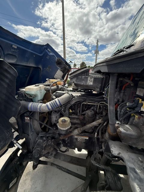 Open hood revealing a truck engine. Various components visible, including hoses and a coolant tank. Blue and black.