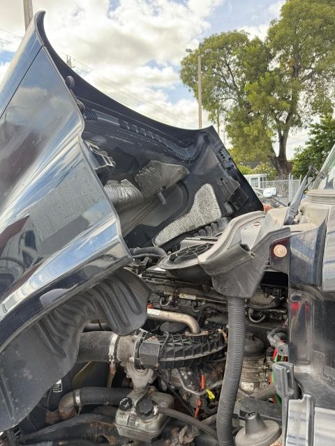 Black truck hood open, revealing engine. Outdoors, overcast sky, trees in the background.