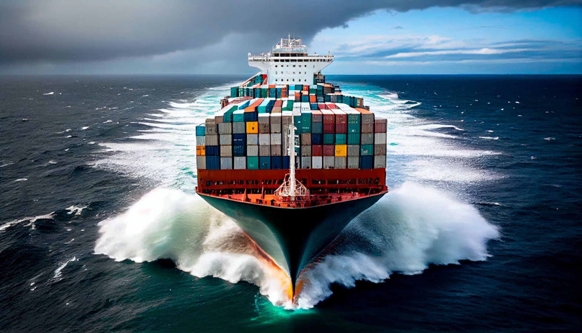 Large cargo ship sailing on a dark ocean, carrying colorful shipping containers.