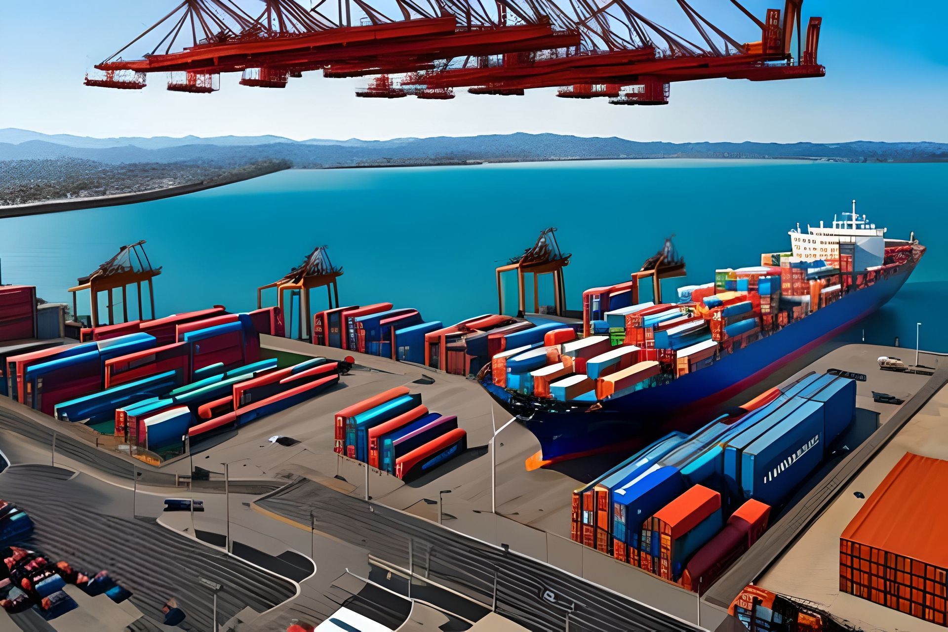 Cargo ship loading/unloading containers at a harbor dock with large cranes and shipping containers.