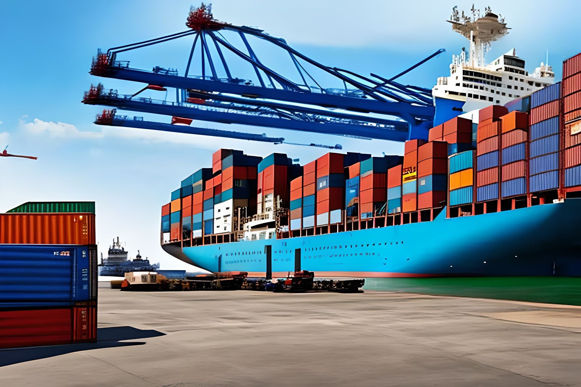 A large cargo ship loaded with shipping containers at a port, blue sky overhead.