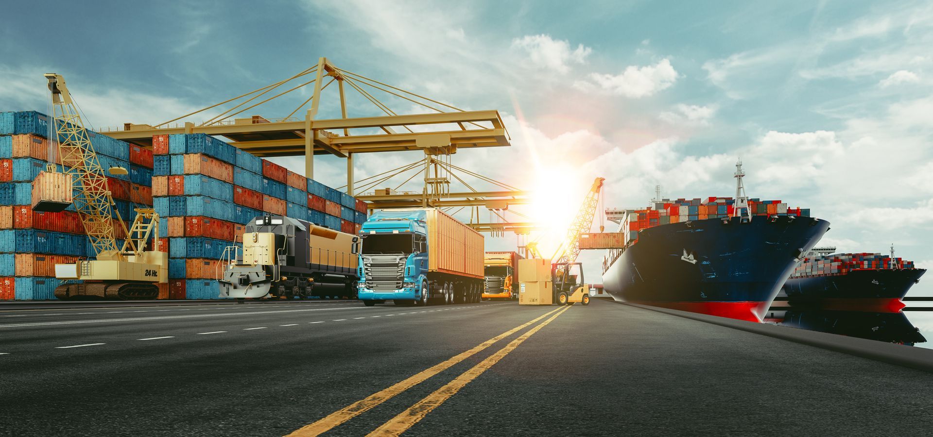 A port scene with cargo ships, trucks, containers, and cranes under a cloudy sky.