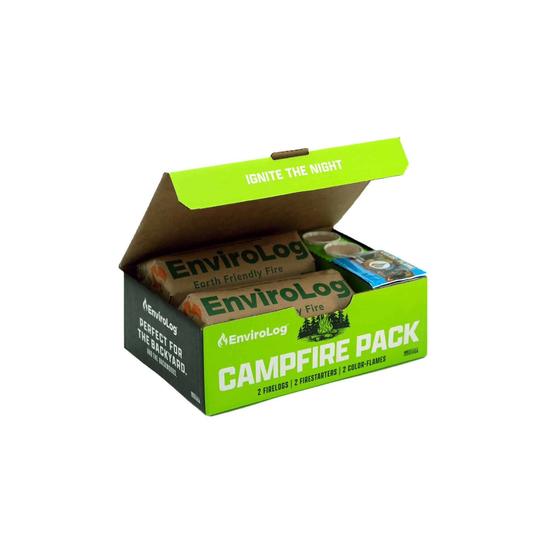 Box of EnviroLog campfire starter pack with two logs and fire starters. Green packaging.