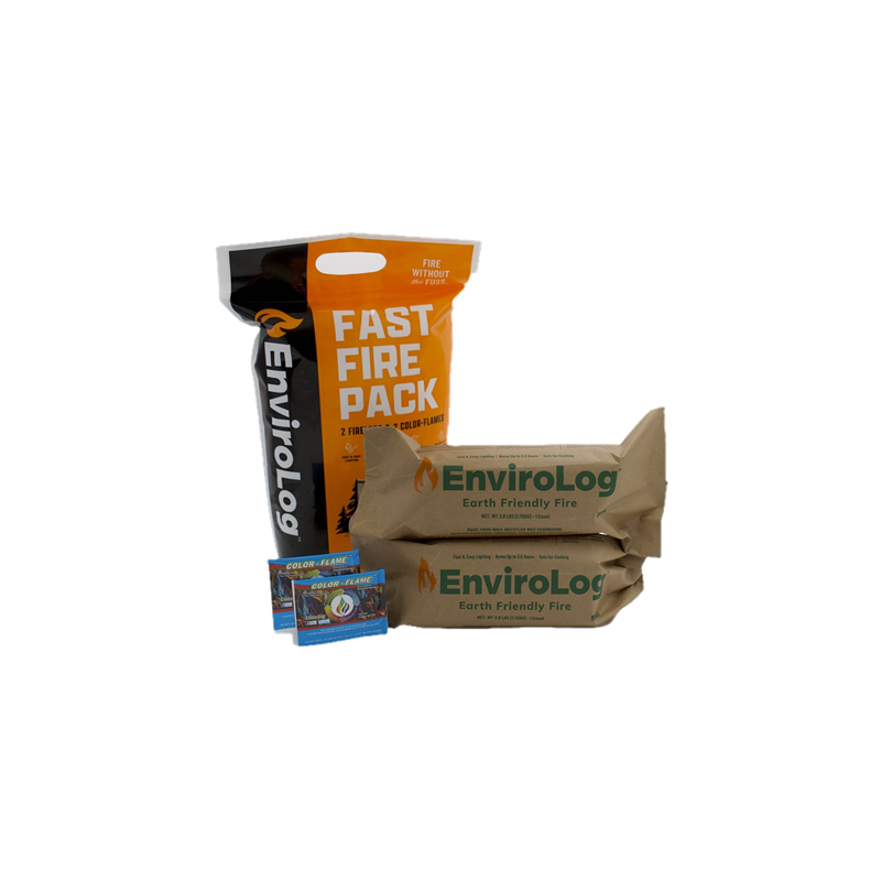 EnviroLog fire starter pack with two logs, matches, and a bag labeled 