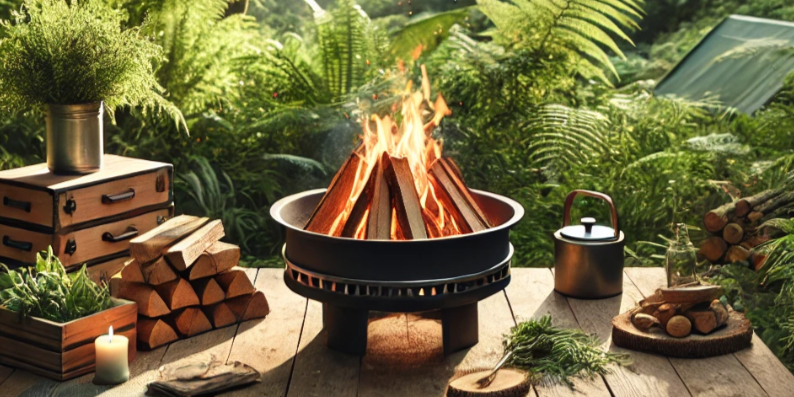 Fire pit surrounded by wood, greenery, and a kettle on a wooden deck.