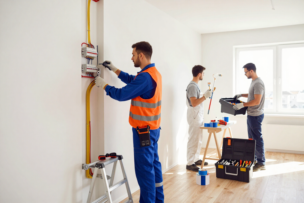 Electricistas trabajando en el cableado de una pared en una habitación luminosa, con herramientas y cajas eléctricas cerca.