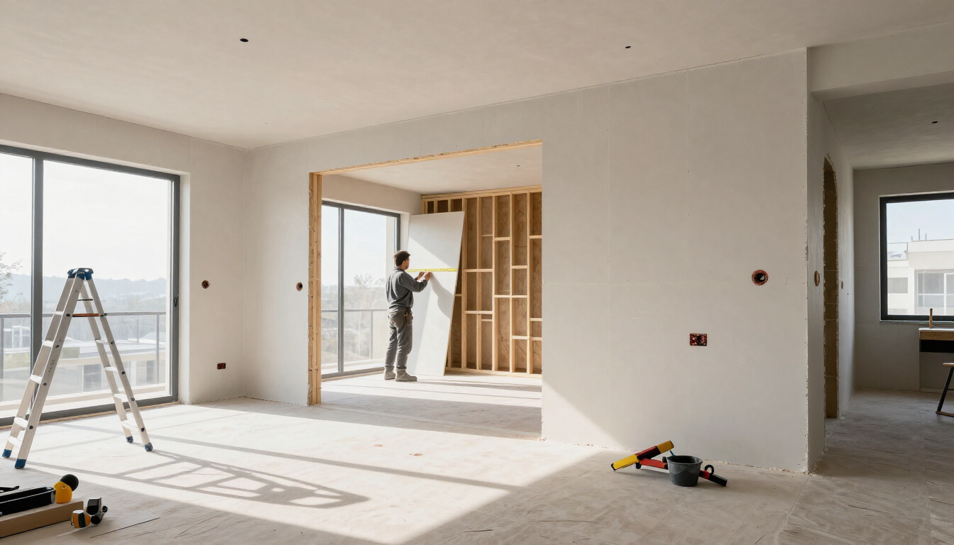 Habitación soleada en proceso de renovación con escaleras, herramientas y un trabajador enmarcando una puerta.