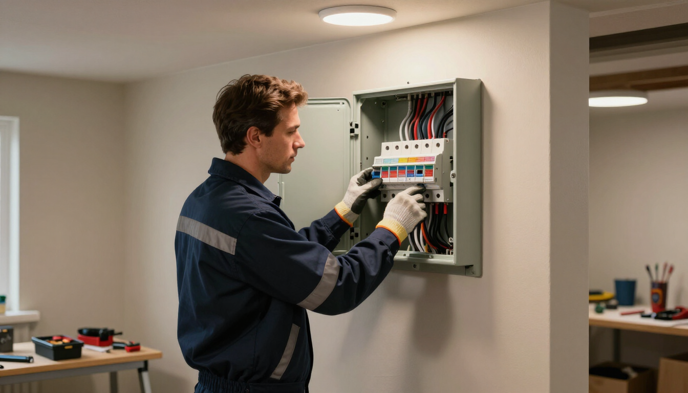 Técnico ajustando un panel eléctrico en el pasillo de una oficina.