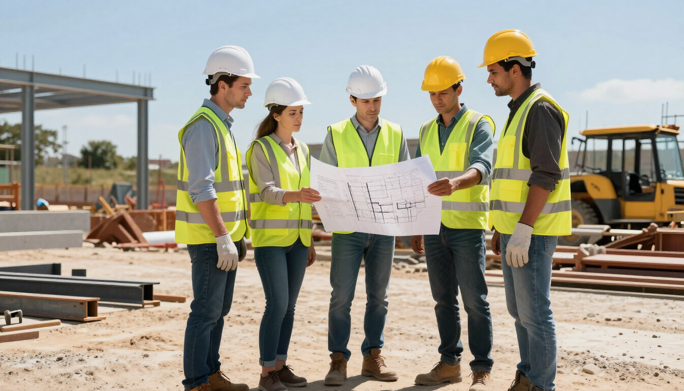 Cinco obreros de la construcción, con chalecos de seguridad y cascos, revisan los planos en una obra.