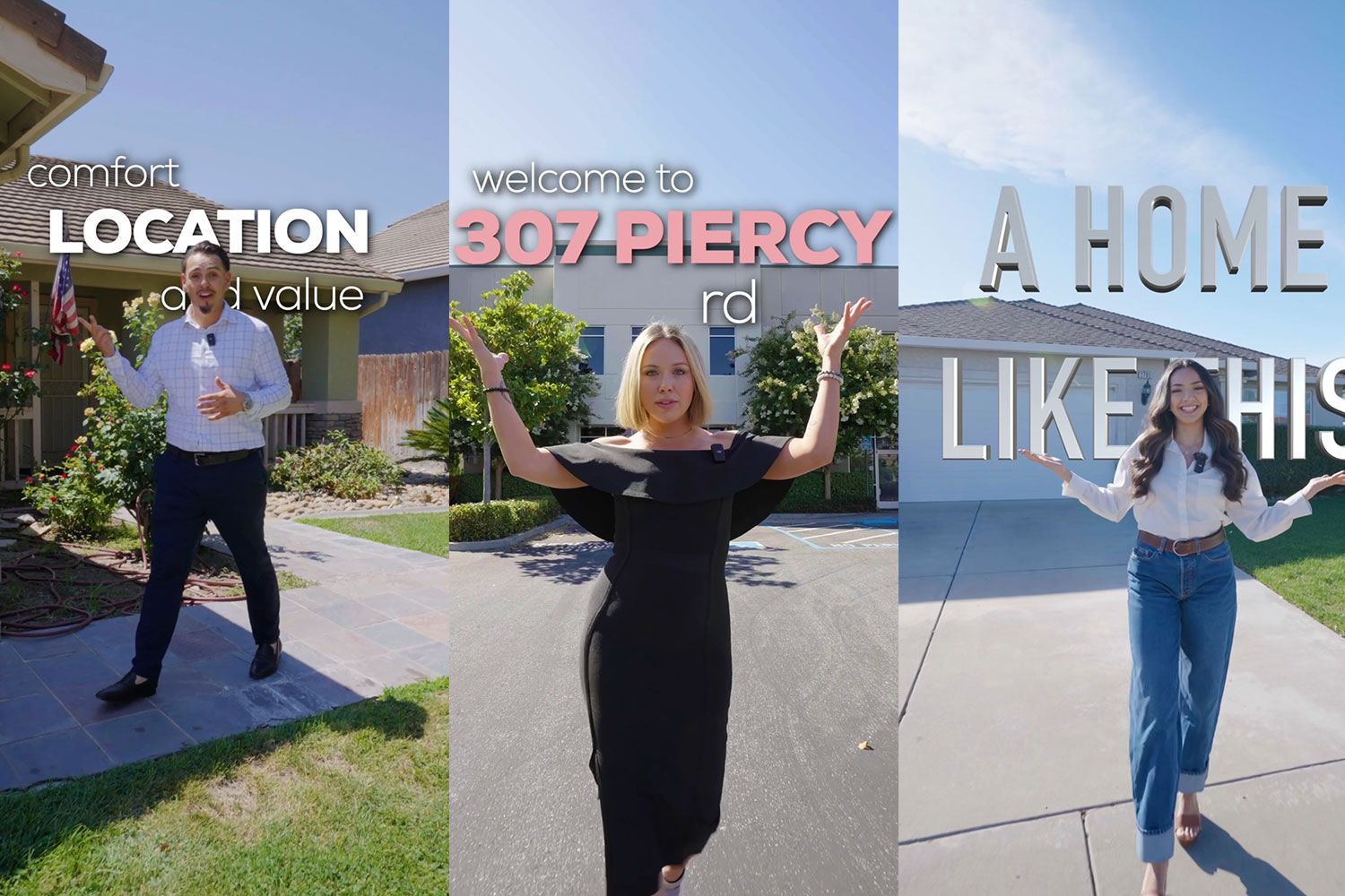 Three real estate agents welcoming viewers to a home at 307 Piercy Rd.
