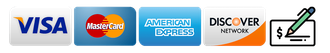 Payment Types: VISA, Mastercard, American Express, Discover, Check