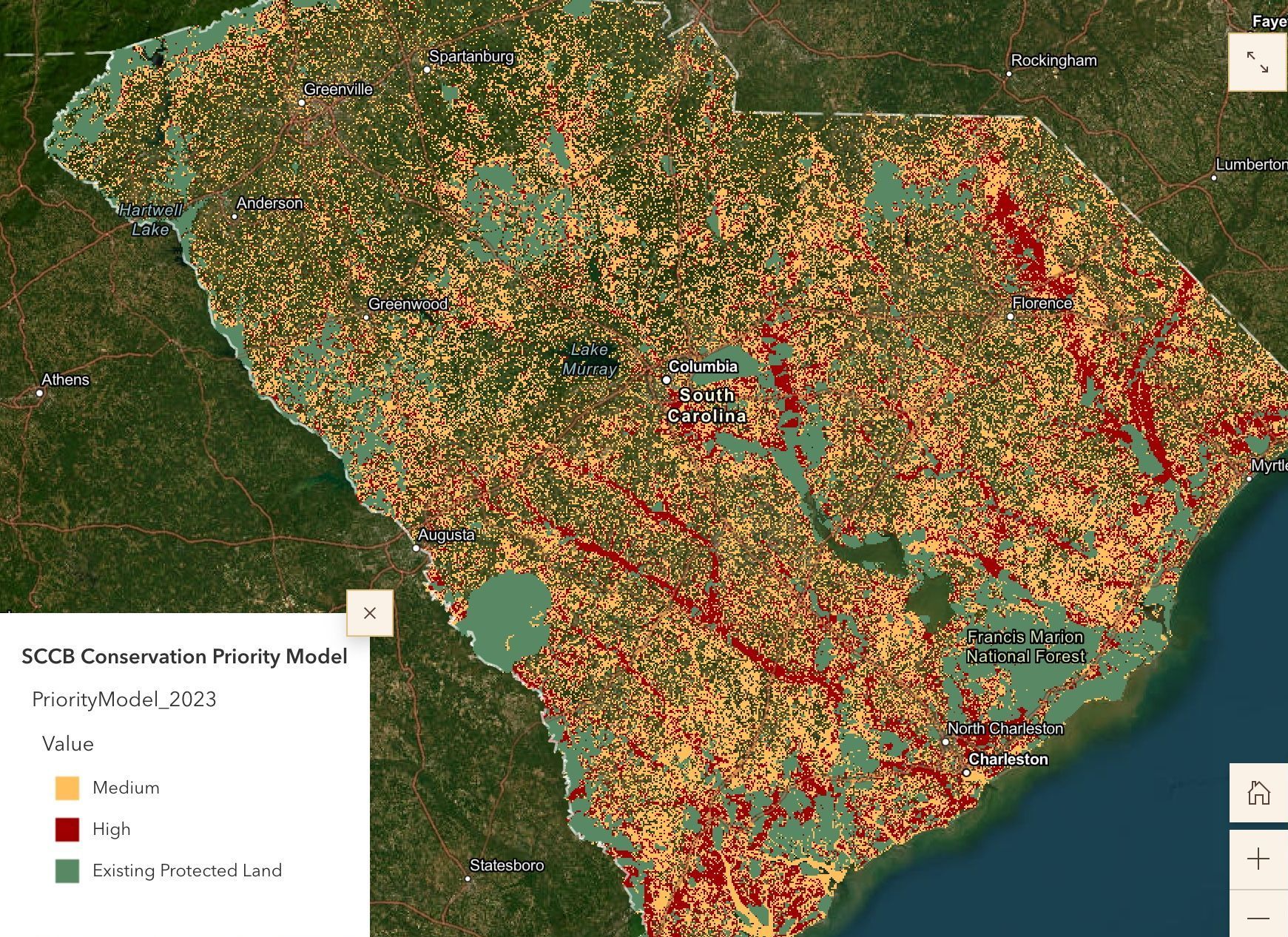 Click through to explore our interactive storymap feature. Imagery layers available here. An image of South Carolina displaying the South Carolina Conservation Bank Priority Model for 2023.