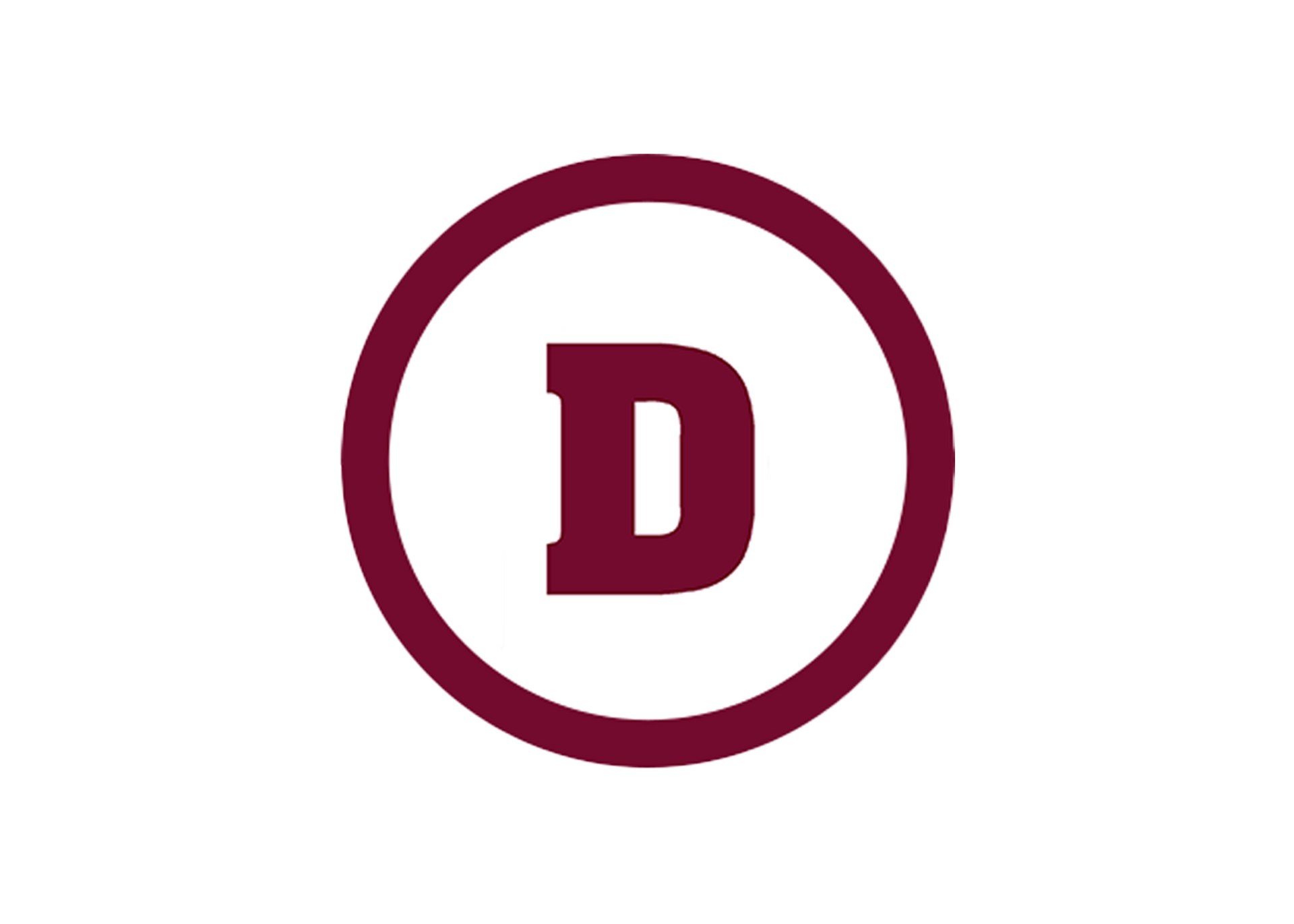 Maroon letter D inside a maroon ring on a white background