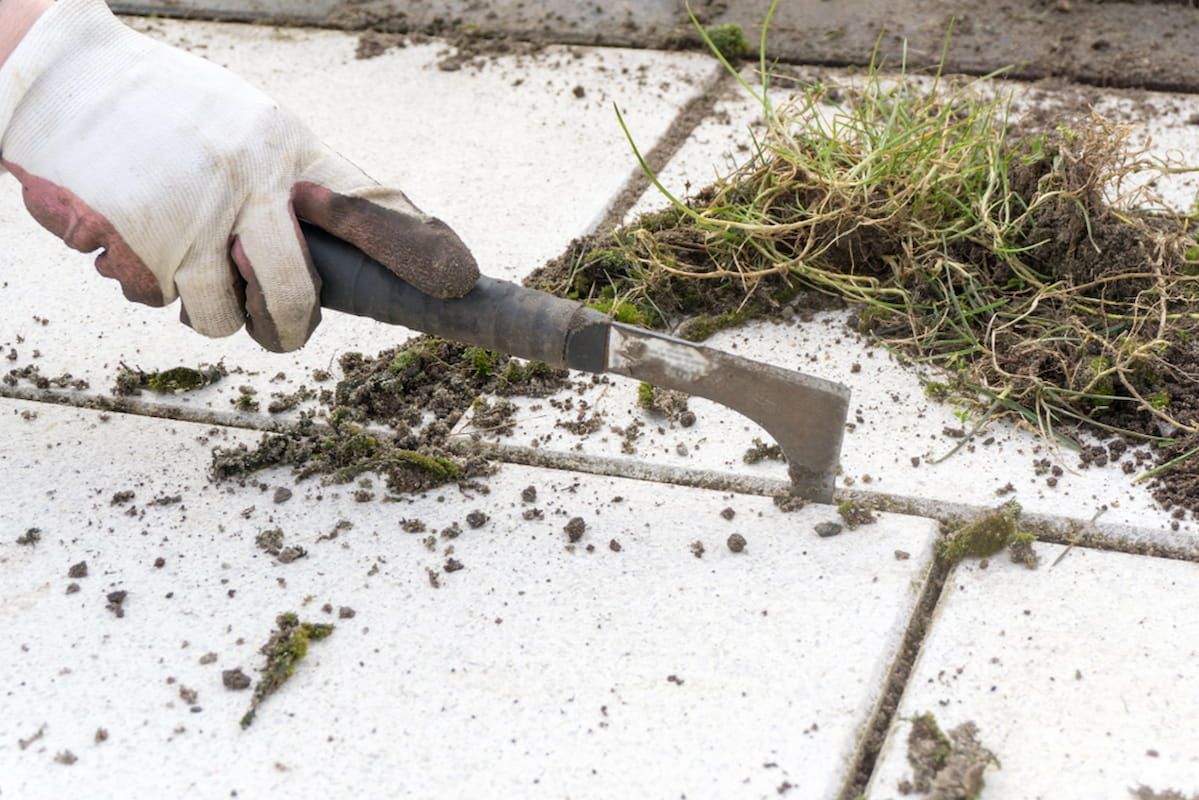 A Person Is Using a Shovel to Remove Grass from A Tiled Floor — Acres 2 Mow in Allandale, NSW
