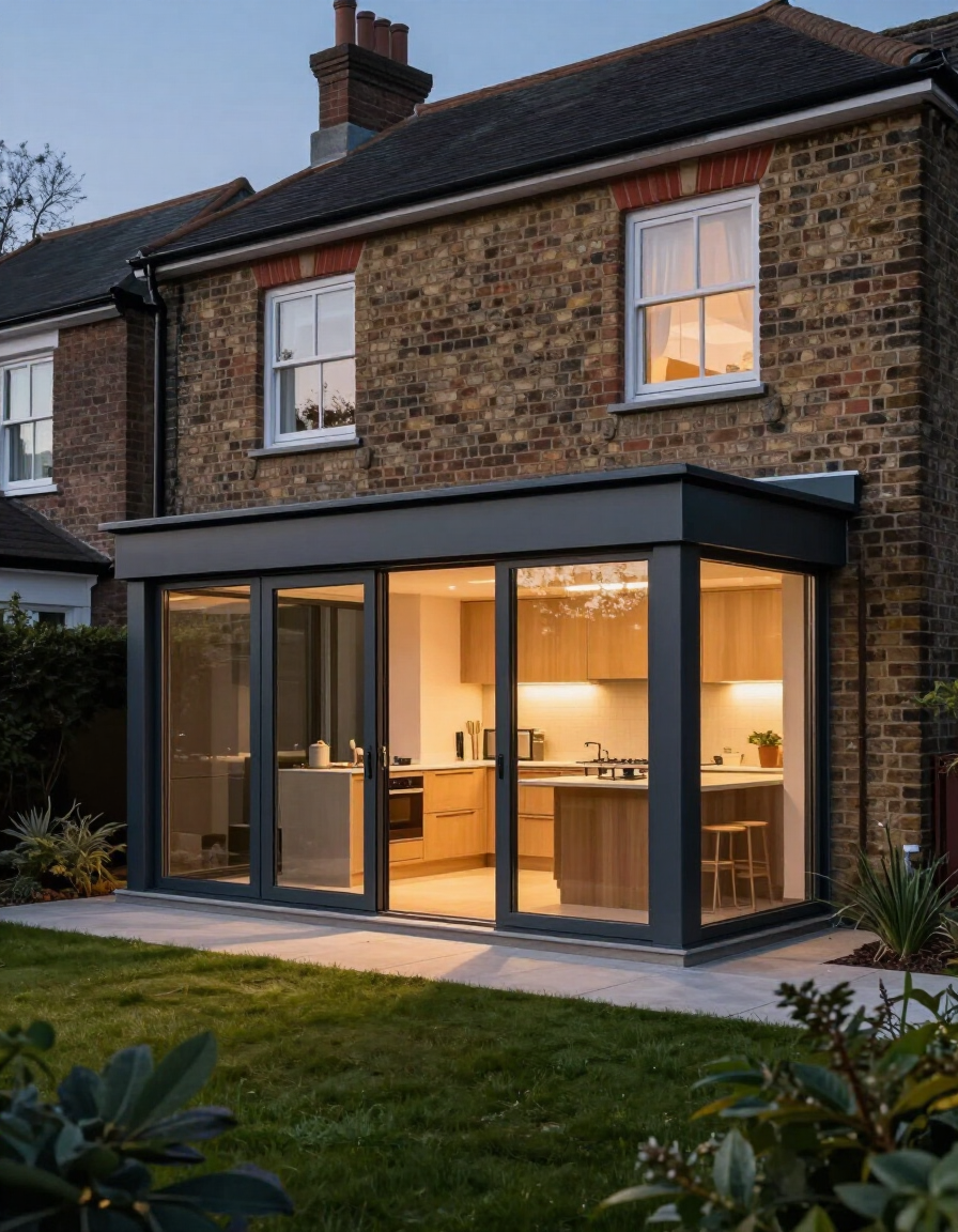Contemporary rear extension with glazed sliding doors at dusk