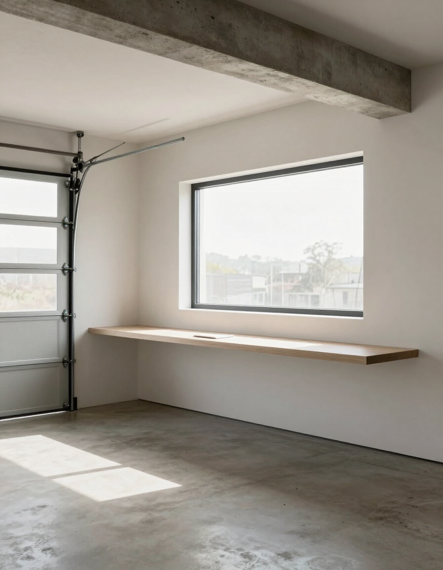 Converted garage functioning as a home office with large window and concrete flooring