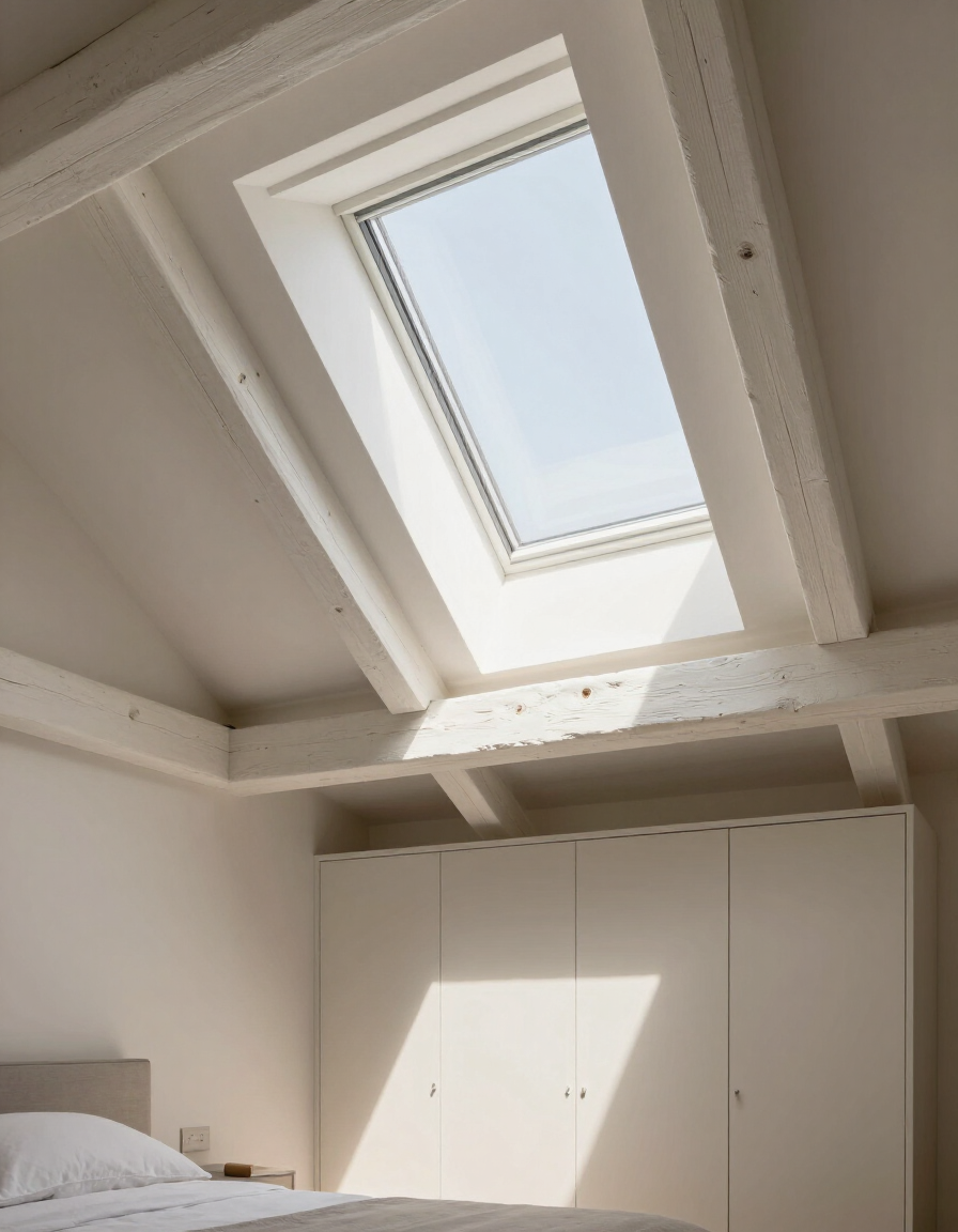 Finished loft conversion with exposed white rafters and Velux dormer window