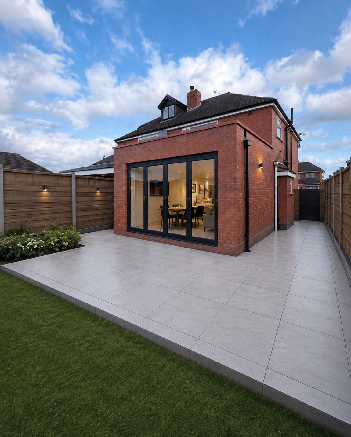 Contemporary rear extension with glazed sliding doors at dusk