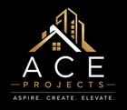 ACE Projects logo: gold-and-white house skyline icon on black with tagline “Aspire. Create. Elevate.”