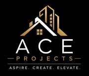 ACE Projects logo with gold house roof icon and tagline “Aspire. Create. Elevate.”