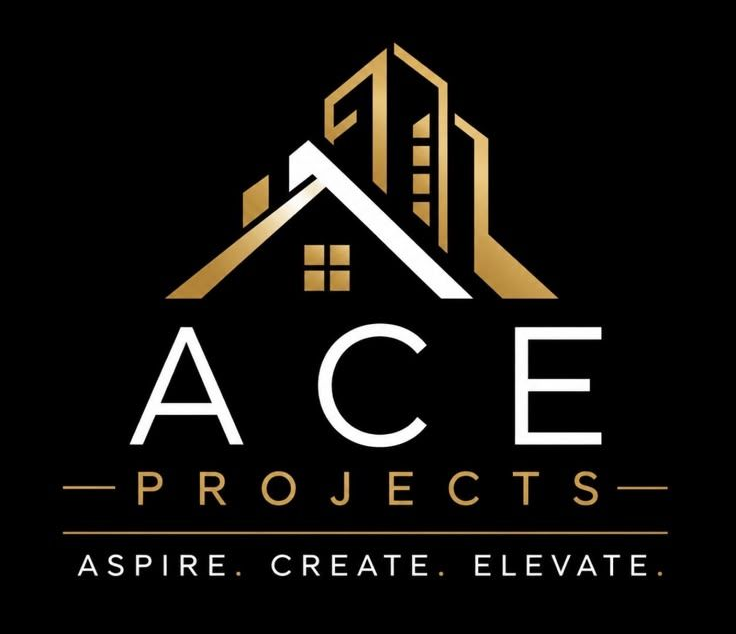 ACE Projects logo: gold-and-white house skyline icon on black with tagline “Aspire. Create. Elevate.”