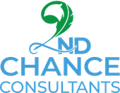 Logo for 2nd Chance Consultants, blue text, green feather symbol.