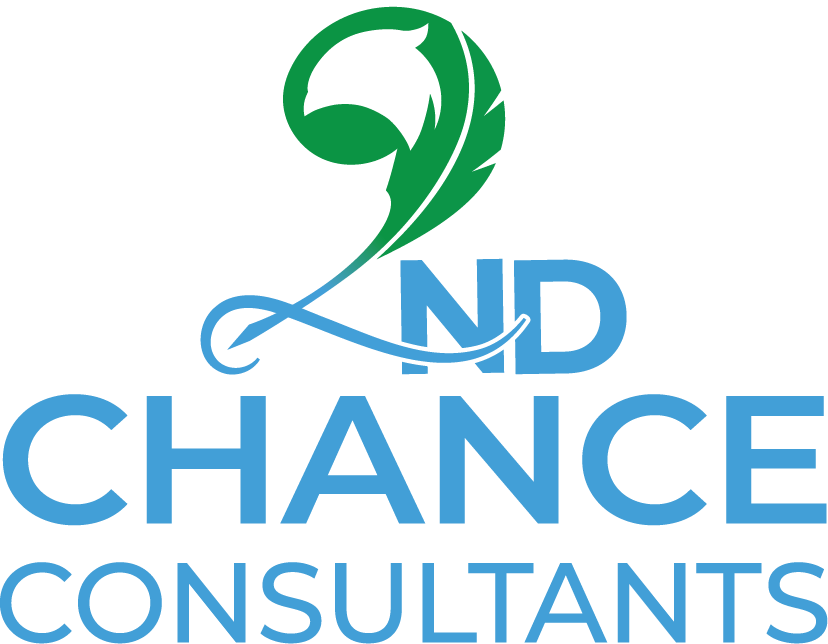 Logo for 2nd Chance Consultants, blue text, green feather symbol.
