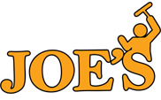 Orange logo for Joe's with a cartoon figure swinging a hammer, seemingly breaking off the apostrophe in 