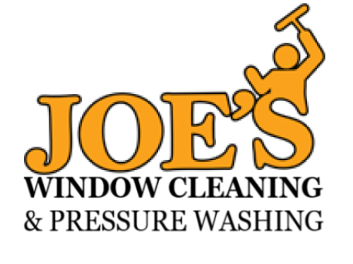 Logo for Joe's Window Cleaning & Pressure Washing. Orange text and graphic of a person cleaning a window.