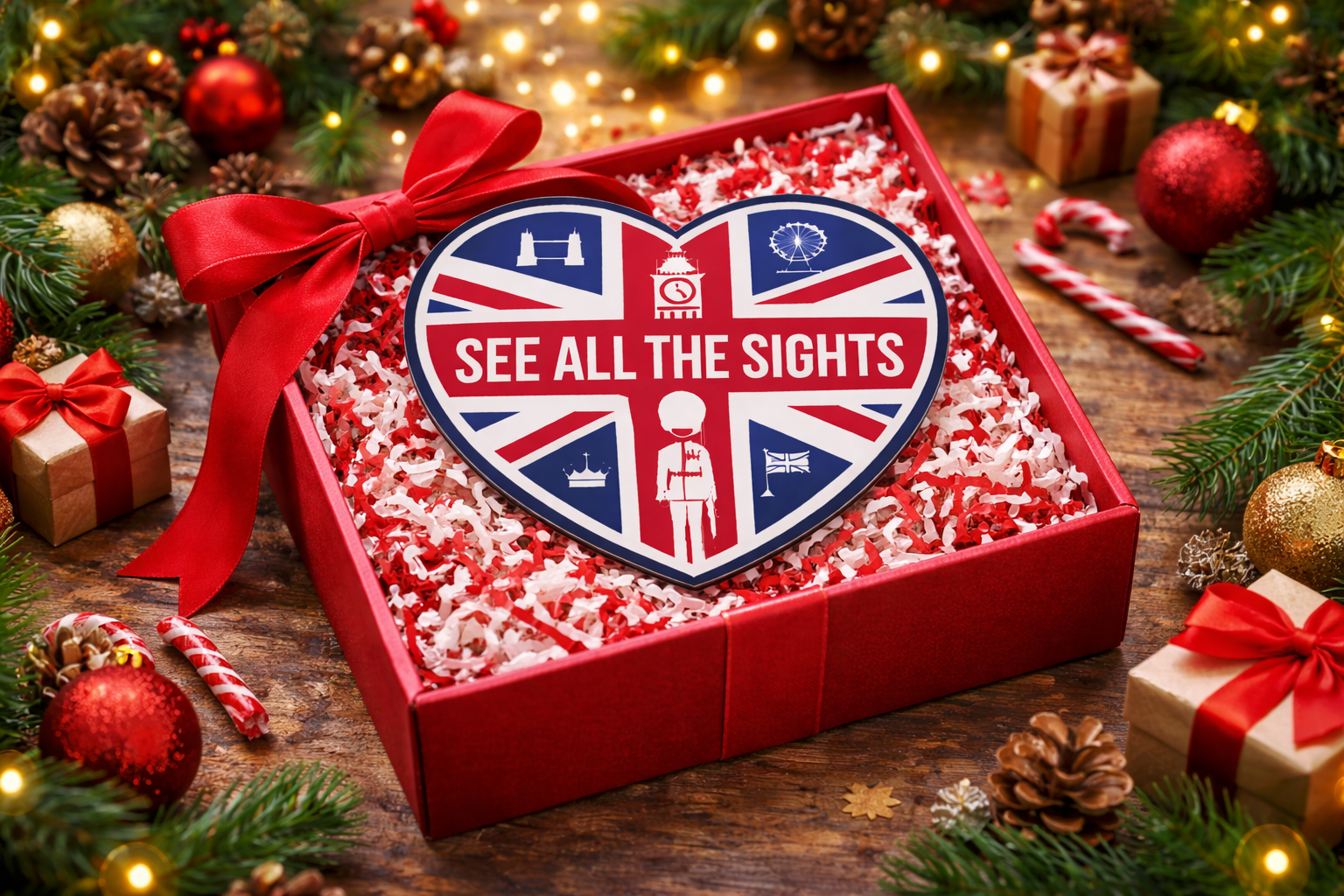 See All The Sights London tour Christmas gift voucher in festive red gift box