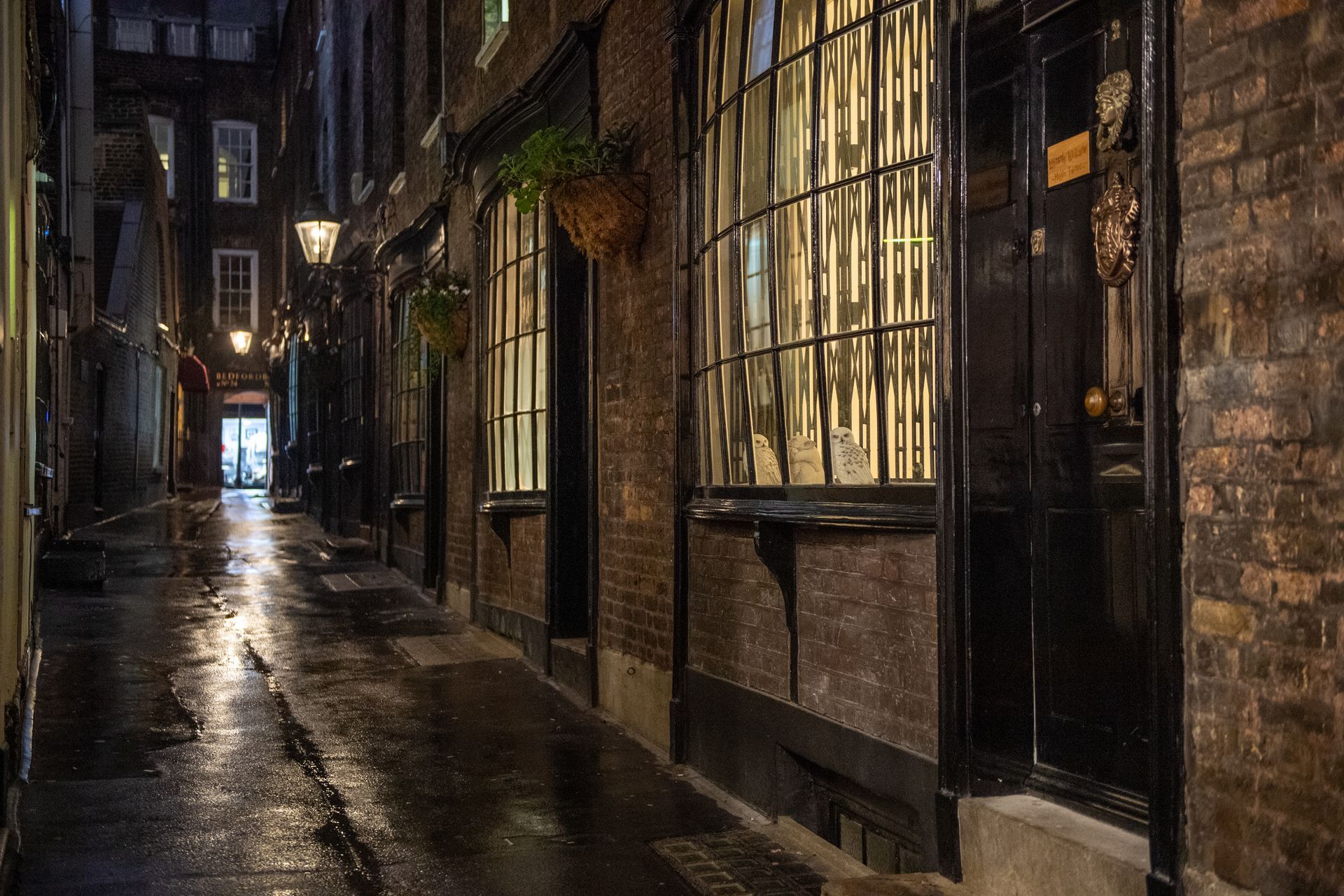 Narrow historic London alley at night with wet cobblestones and shop windows