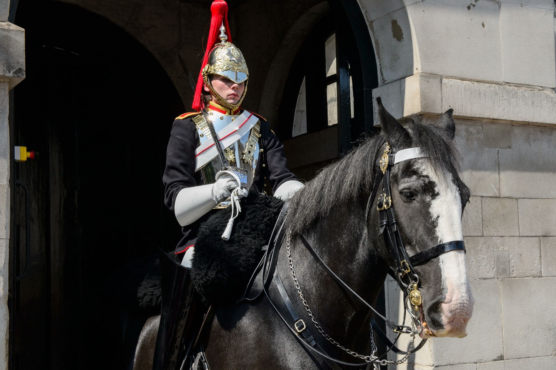 British Household Cavalry guard on horseback during a royal walking tour in London