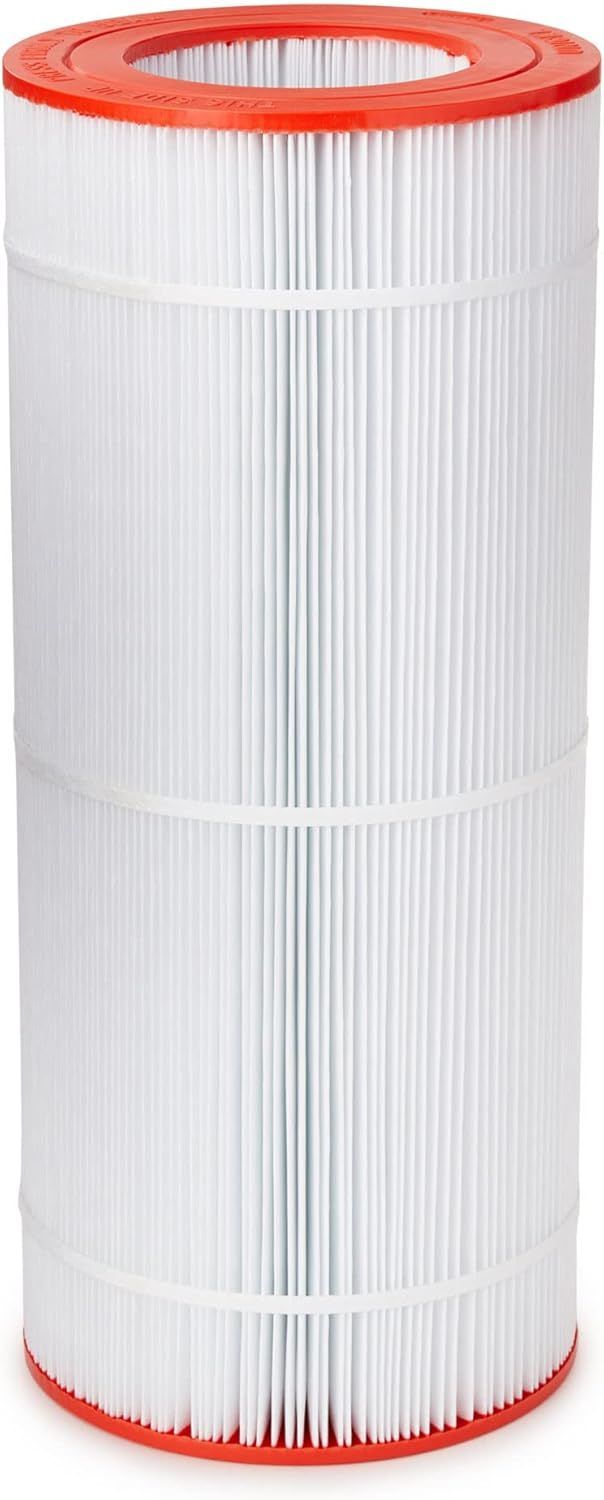 A white filter with a red rim is sitting on a white surface.