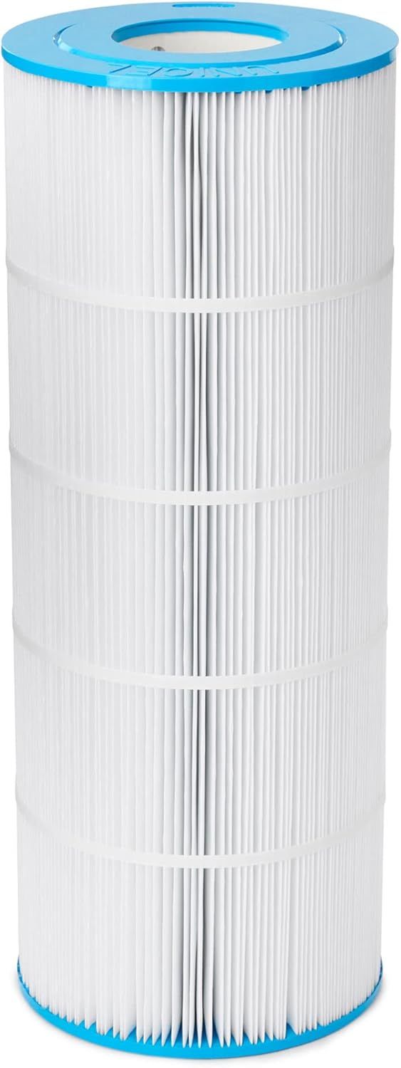 A white filter with a blue top is sitting on a white surface.