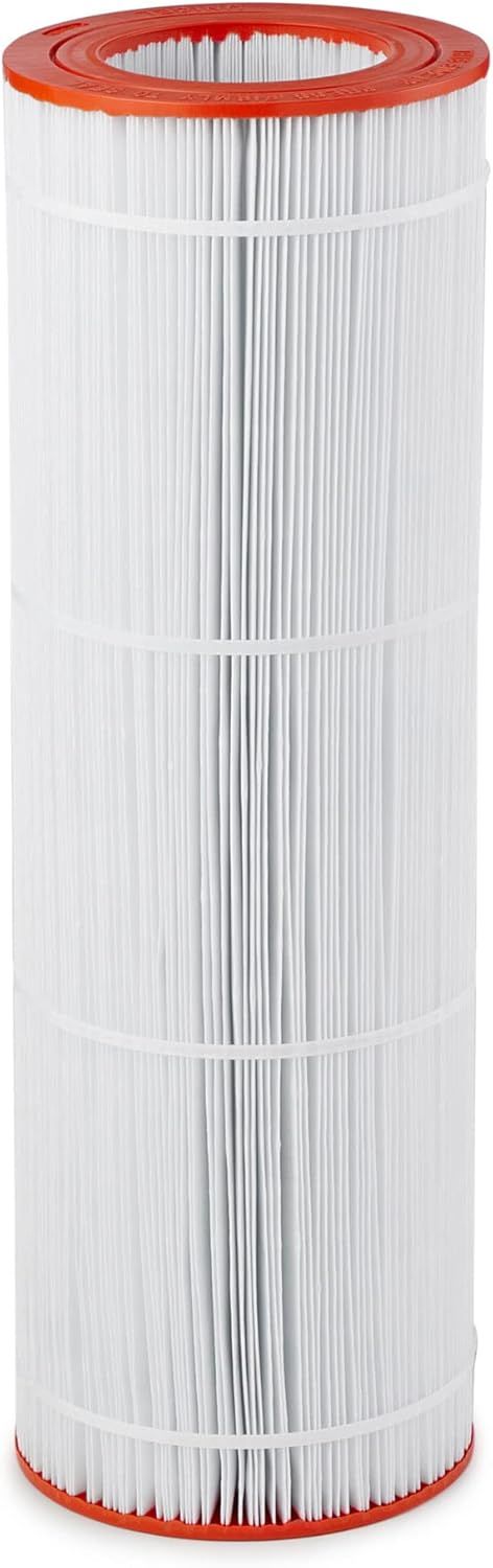 A white filter with a red cap on a white background.