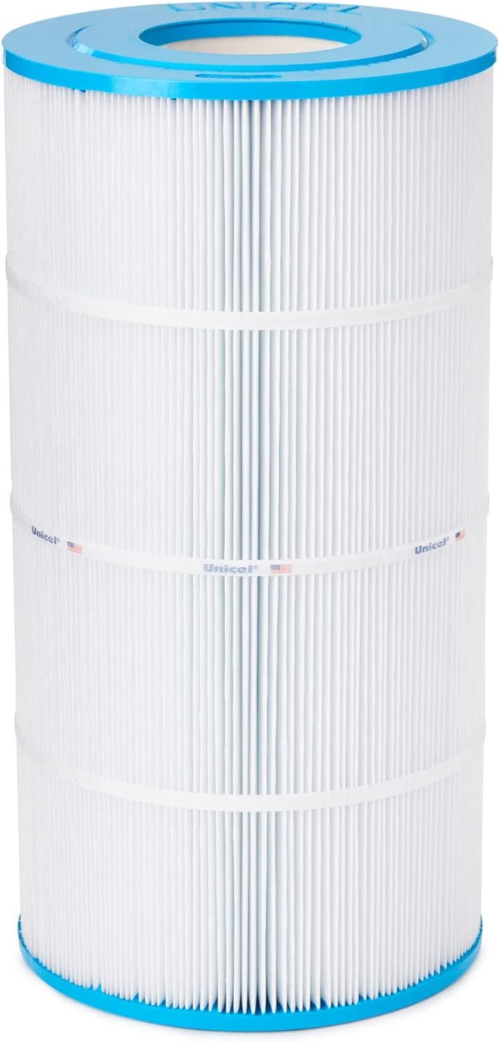 A white filter with a blue top on a white background.